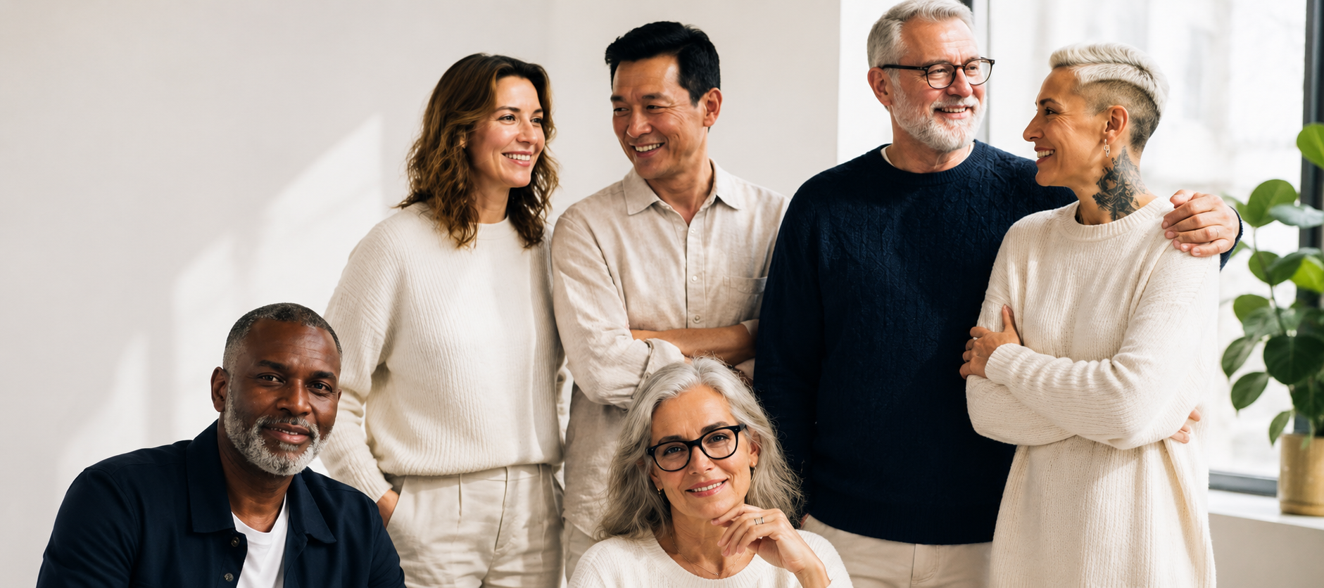 A diverse group of adults gathered together in a bright, warm interior