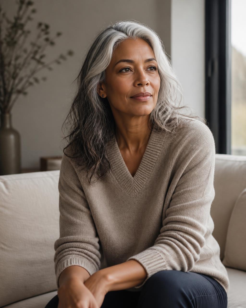 A woman in her fifties seated in calm natural daylight at home, reflecting a considered approach to her health