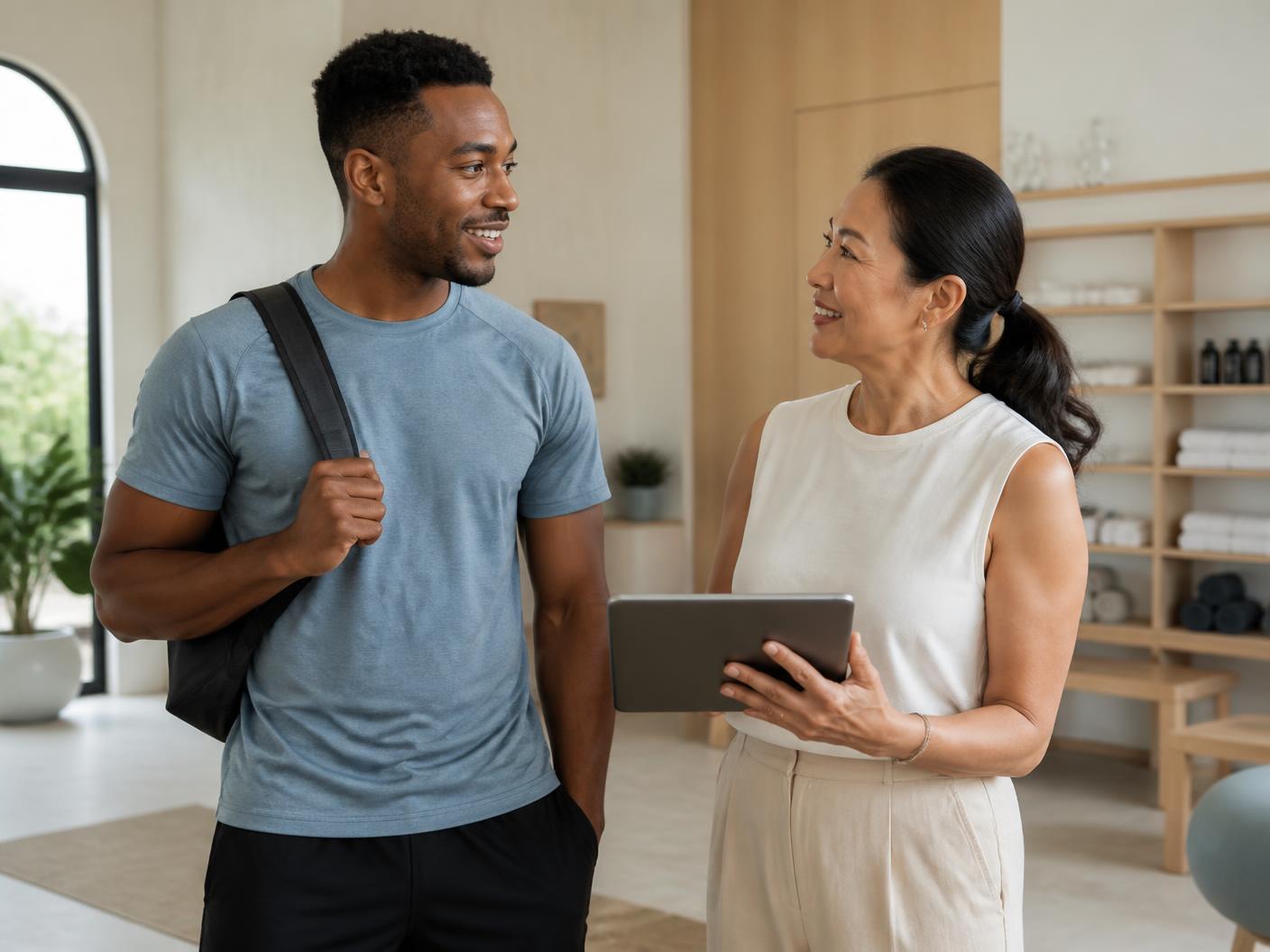 A coach talking with a client in a bright wellness studio