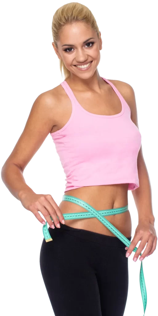 smiling woman measuring waist with measuring tape utc